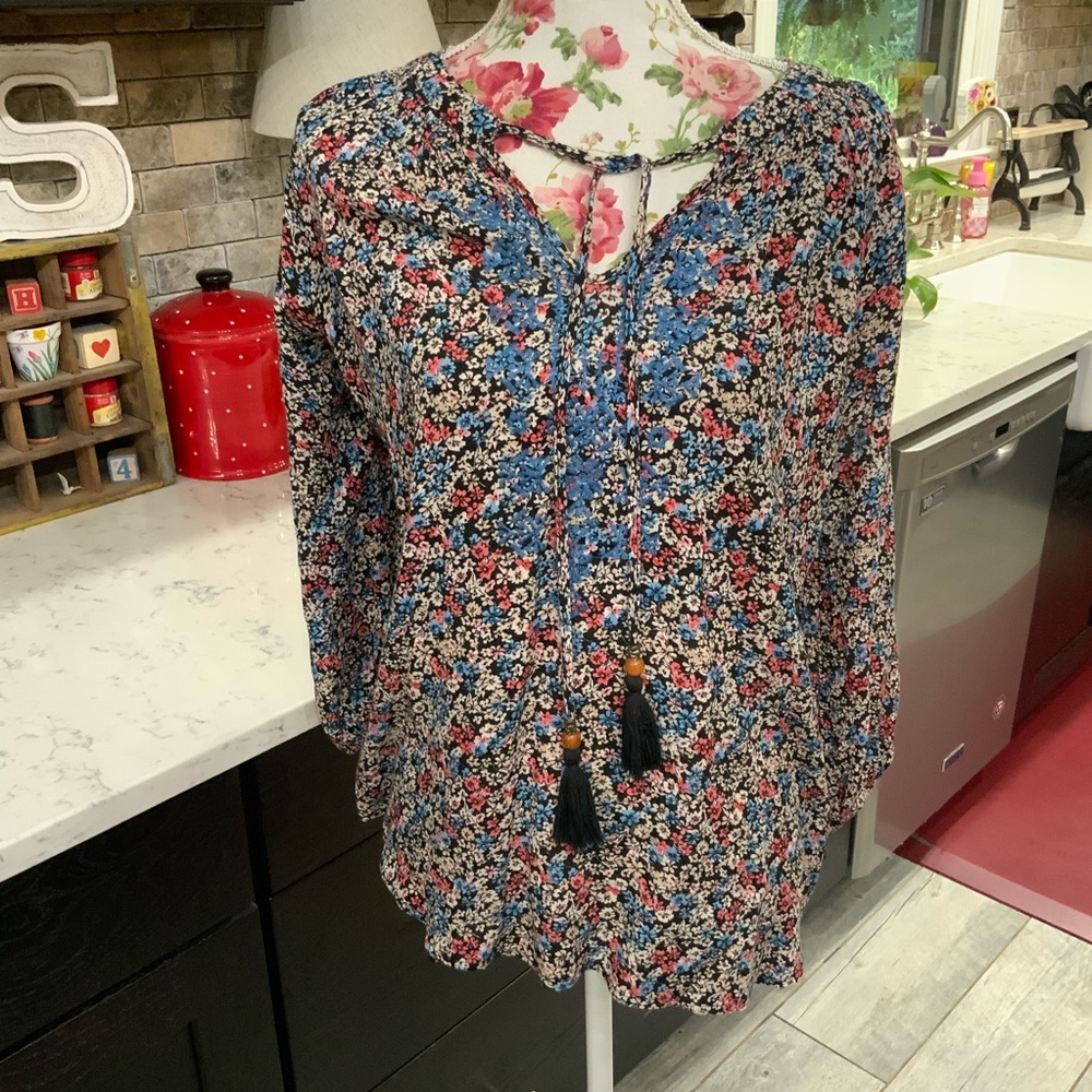 Mason & Belle Women’s Large Blouse Floral Tassel Tie Neckline Boho Long Sleeve